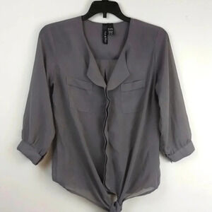 Fun & Flirt Solid Gray Button Up Sheer Blouse